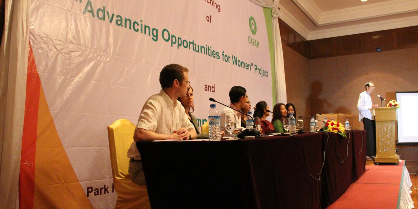 Panel at the press conference, Photo by: Oxfam Panel at the press conference. Famous song composer Mr. Myint Moe Aung is explaining about the song composing contest. Photo by: Oxfam